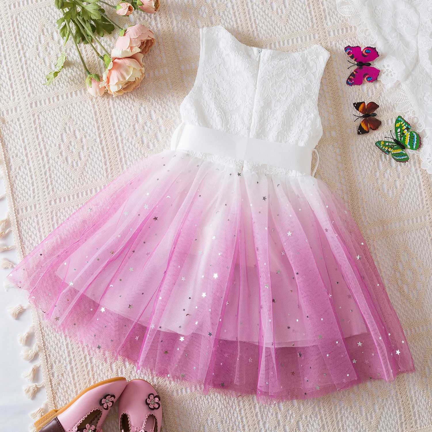 White lace summer dress girls short sleeved childrens birthday princess costume Tutu wedding dress floral girls dress 3-8 years old W250111