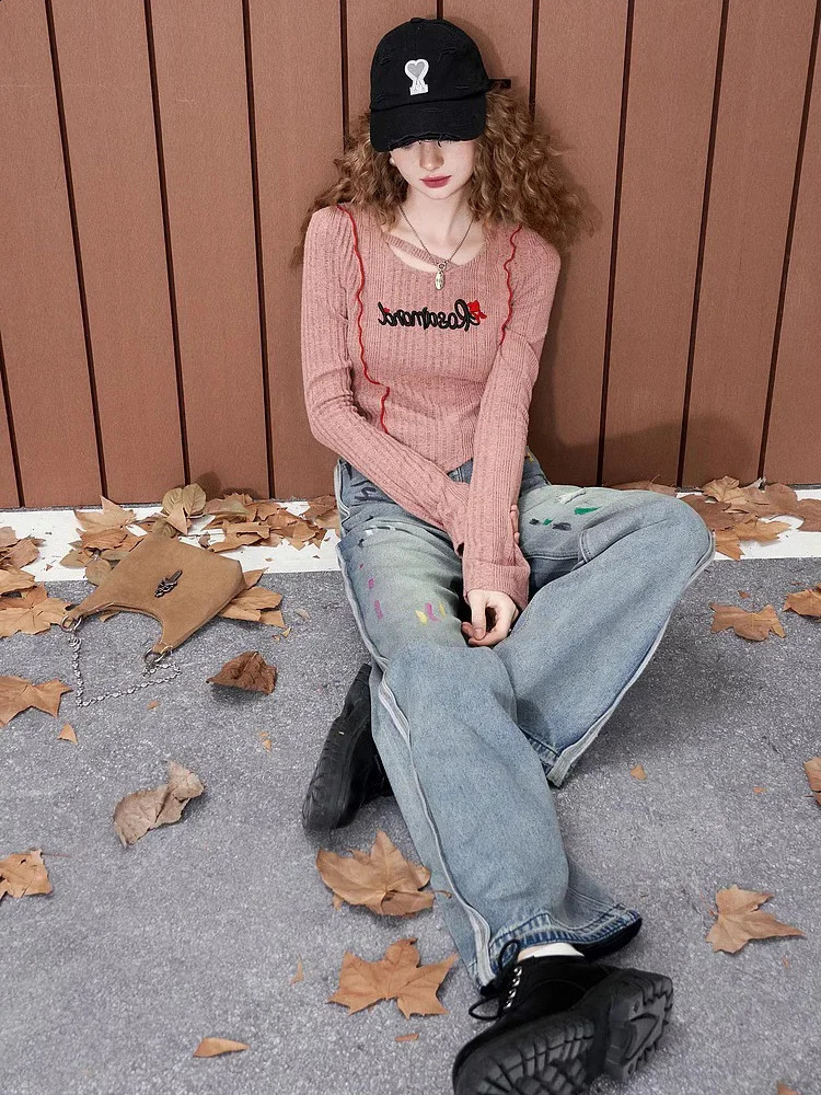 Womens Pink Pullover Knit Sweater Y2k Aesthetic Vintage Harajuku Elegant Long Sleeves Sweaters Fashion 2000s Clothes 240812