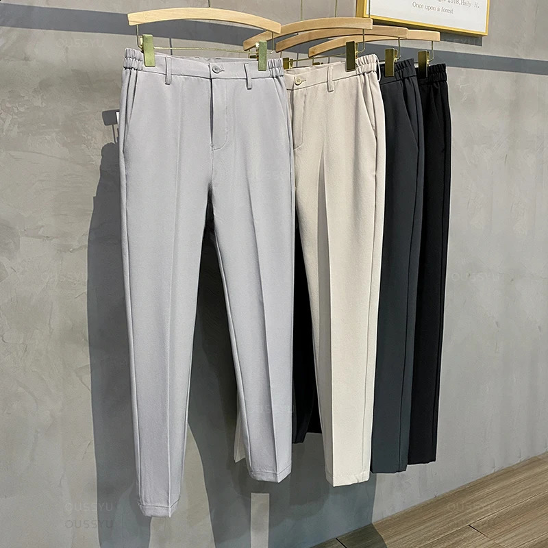 Spring Summer Mens Casual Pants Suit Pant Slim Fit Work Elastic Waist Jogging Business Trousers Male Black Plus Size 40 42 240824