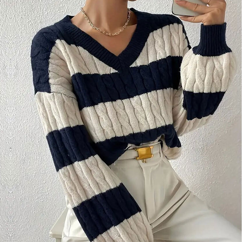 Autumn and Winter Sweater Womens Versatile Pullover V-neck Long Sleeve Fried Dough Twists Stripe Contrast Knit
