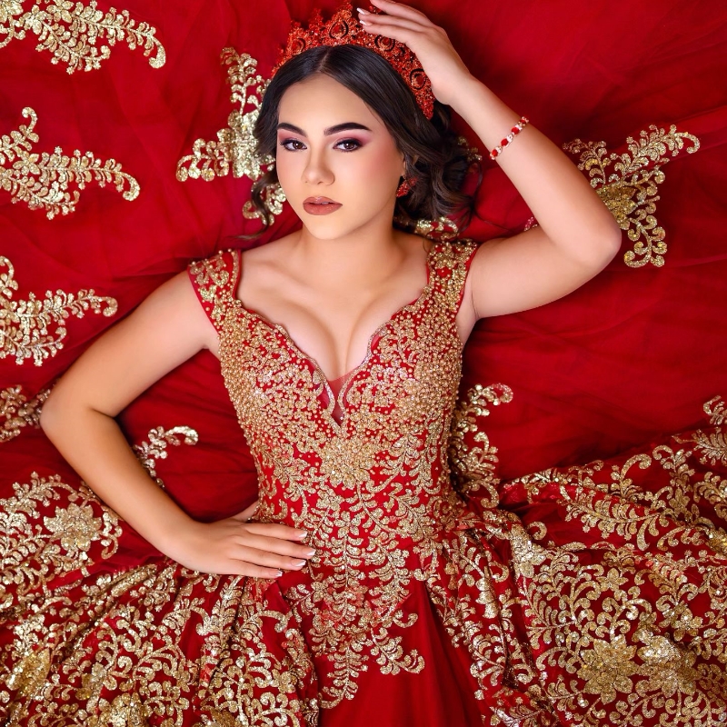 Red 2024 Off The Shoulder Gold Sequins Lace Appliques Pearl Ruffles Sweet 16 Dress Vestidos 15 De Quinceanera