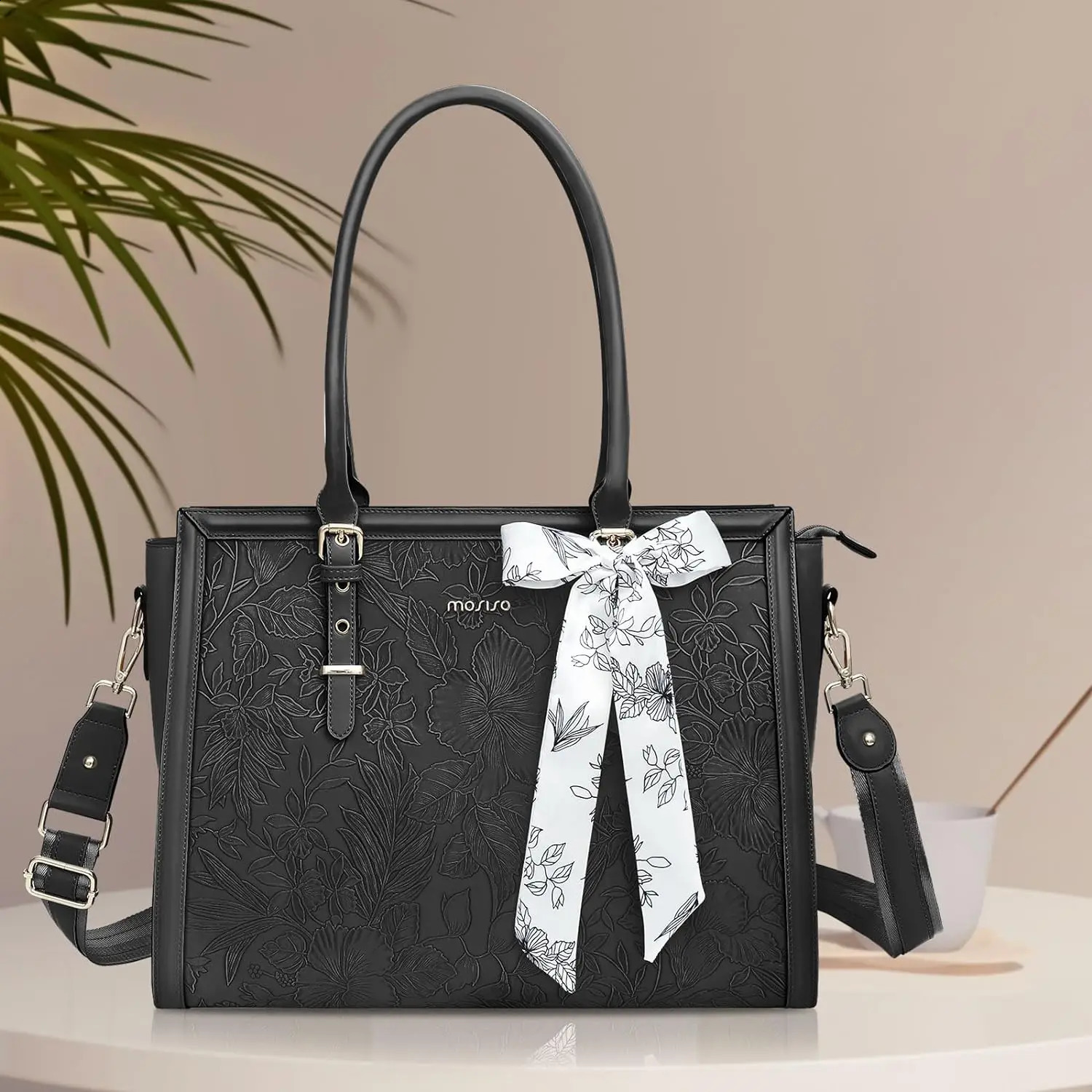 PU Leather Tote Bag 15 16 173 inch for Women MacBoo M3 HP Dell Asus Notebook Front Embossed Retro Hibiscus Computer Laptop 240809