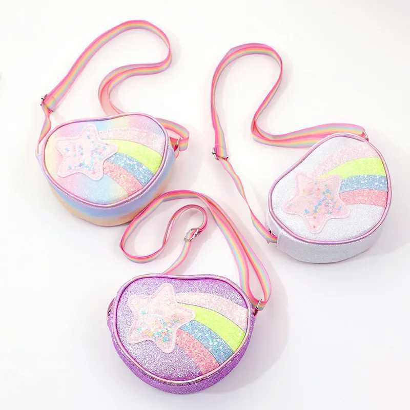 Girls Heart Shape Mini Bag Rainbow Glitter Waist Bag New Kid Shoulder Bag Cartoon Rainbow Sequin Bags Toddler Princess Purse Y240809