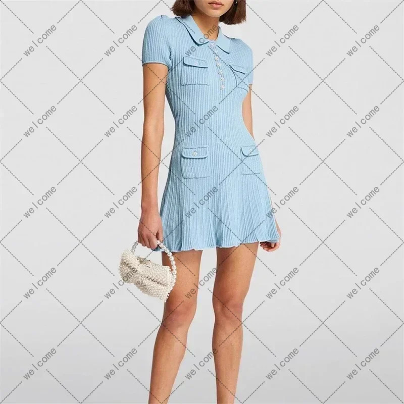 Spring Summer Polo Neck Short Sleeve Knitted Dress Y2K Fashion Elastic Slim Fit Multi Pocket Wrapped Hip Skirt 240810