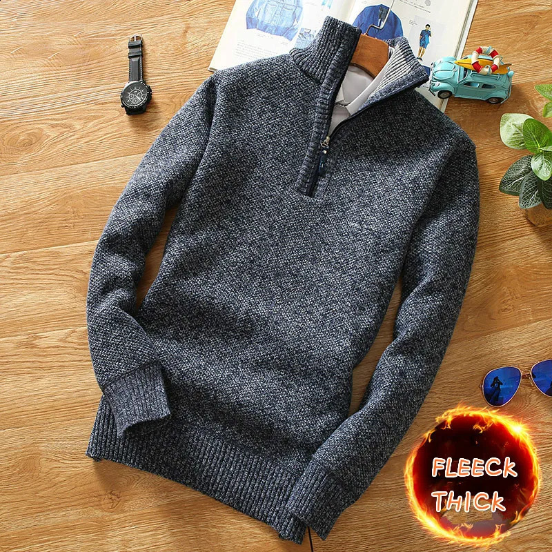 Winter Mens Fleece Thicker Sweater Half Zipper Turtleneck Warm Pullover Quality Male Slim Knitted Wool Sweaters for Spring 240809