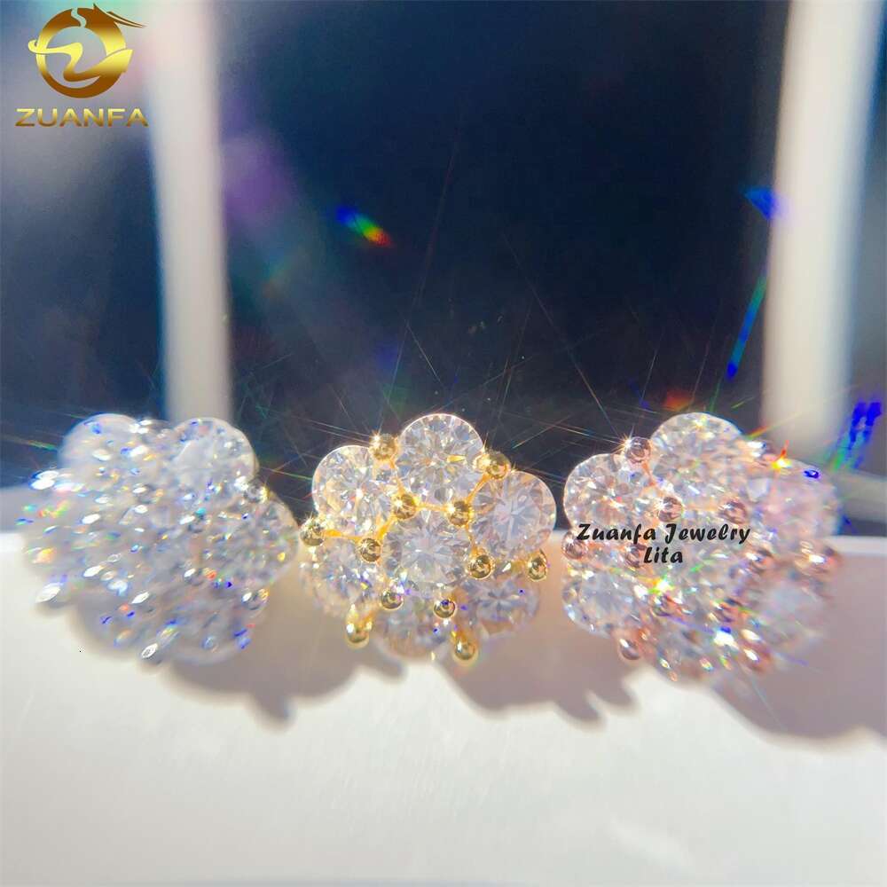 Fashion Jewelry Bling Hip Hop 15Mm Sterling Sier Moissanite Flower Earrings