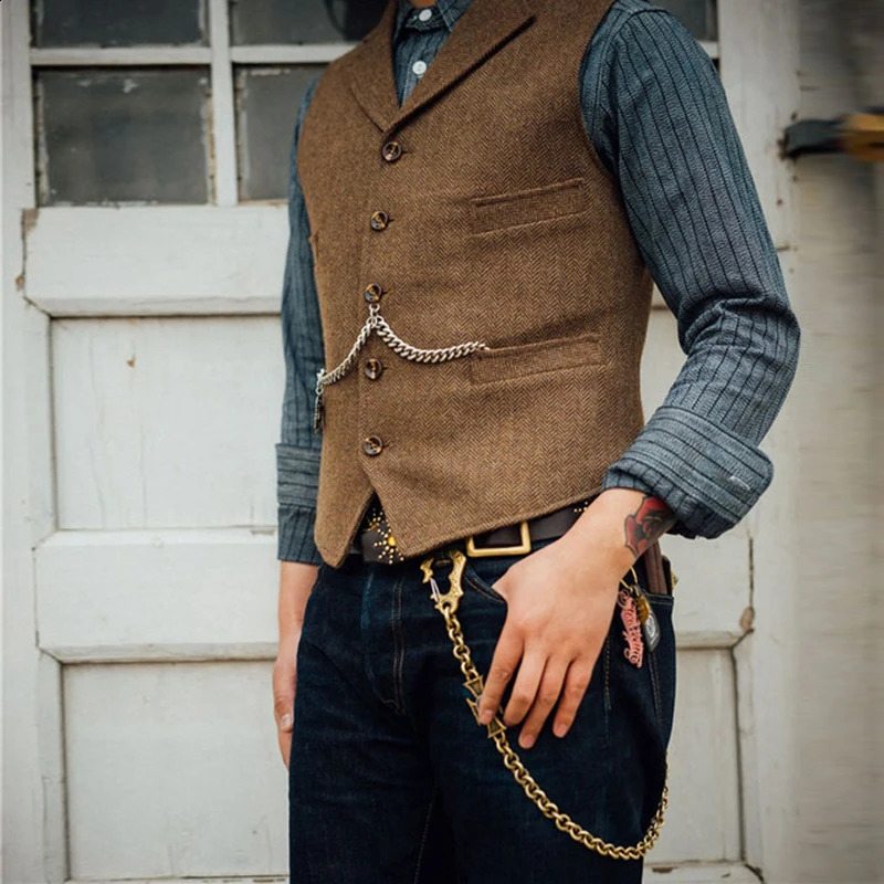 Mens suit vest brown wedding wool tweed business jacket casual slim fit mens 240809