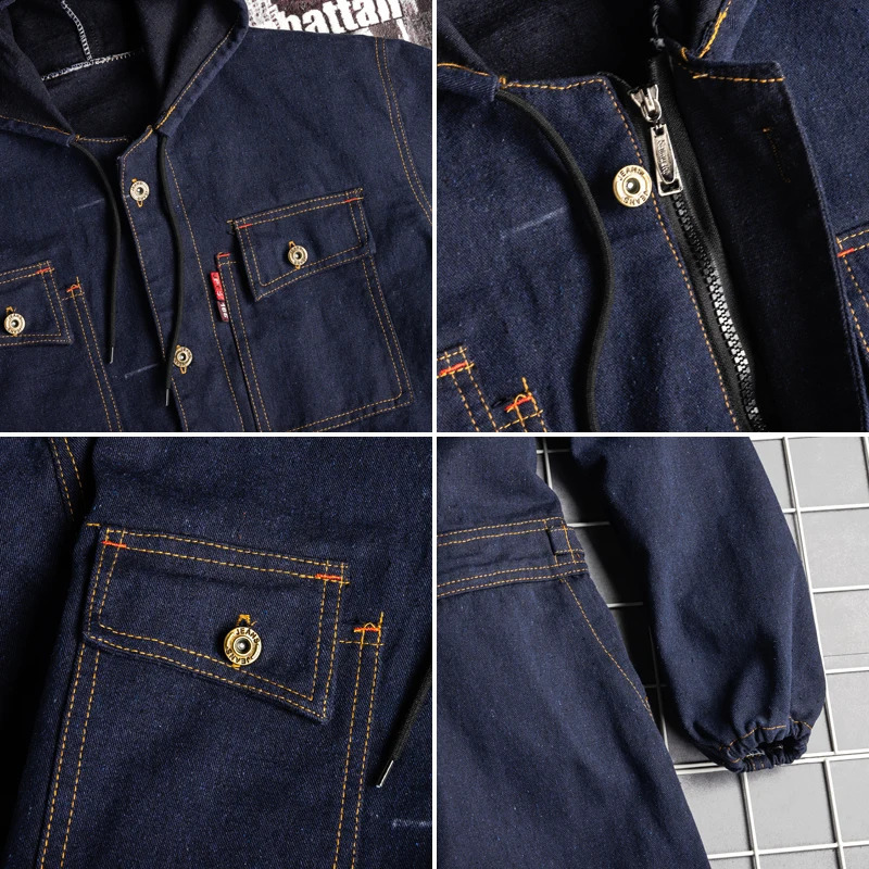 Denim workwear electric welding set worker paint clothing automatic repairman workwear hooded denim shell 175/180/185/190cm 4xl240809