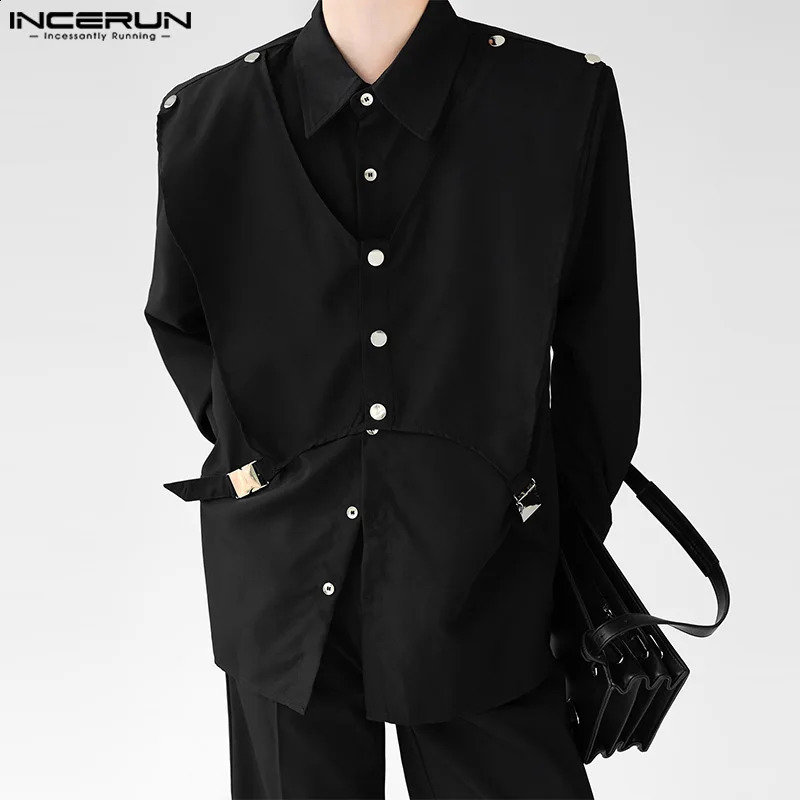 Mens Irregular Shirt Solid Lapel Long Sleeve Button Streetwear Casual Men Clothing Korean Loose Fashion Shirts INCERUN S-5XL 240810