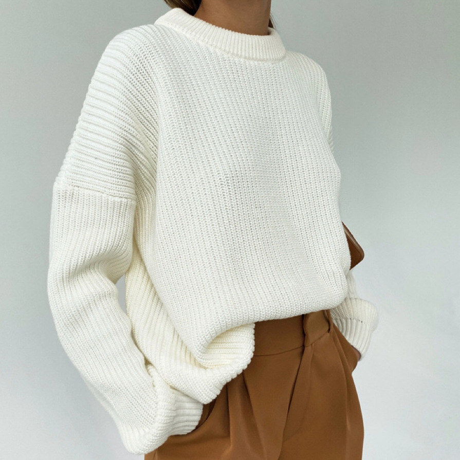 Solid color round neck thick women, 2023 autumn and winter new product, loose long sleeved lazy style pullover knitted sweater for women dongdumaoyi