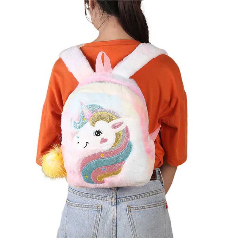 Kids Girls Plush Backpack Cute Cartoon Unicorn Animal Pattern School Bag Lightweight Plush Daypack Shoulder Bags For Girls 2023 Y240809