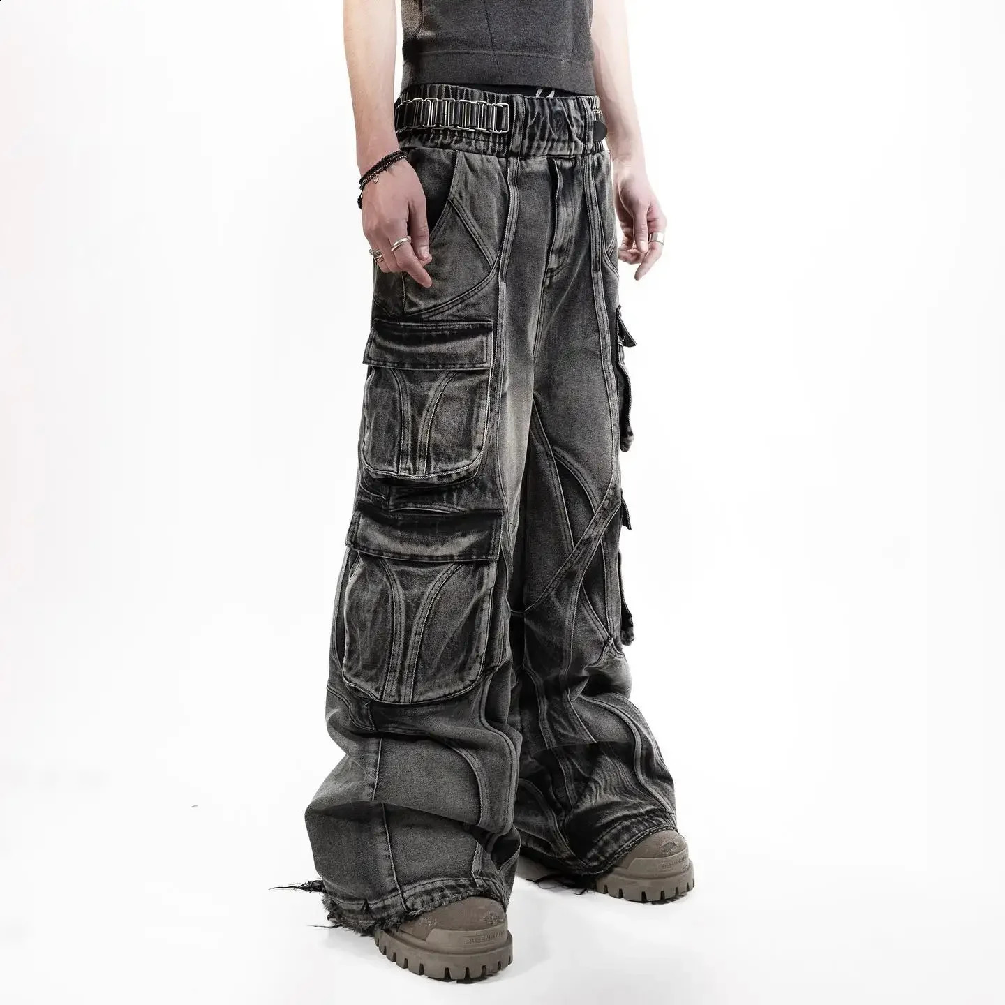 Y2K Destroyed Stitching Jeans Mens Black Laundry Gothic Style Trend Clothing Retro Loose Wide Leg Pants Fall Guys 240809