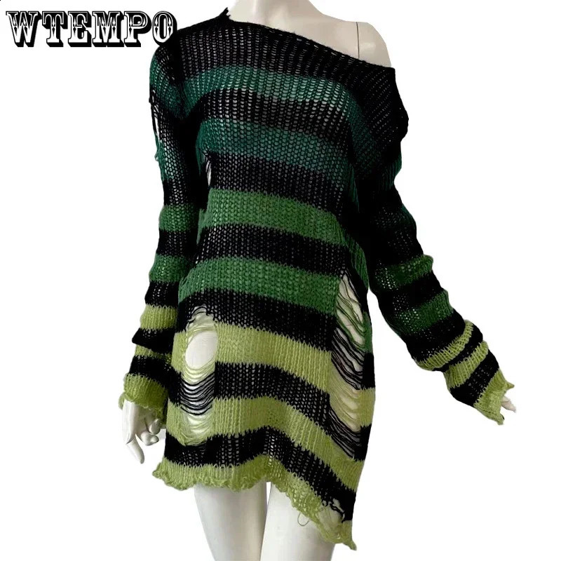 Goth Y2K Striped Sweater Ripped Punk Gothic Sweaters for Women Harajuku Aesthetic Halloween Pullover Tops 240812
