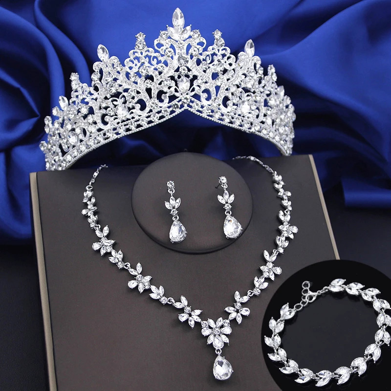 4-piece Lime Green Crown Jewelry Set Womens Fashion Tiaras Bracelet Earrings and Necklace Set Bridal Wedding Promotion Accessories 240805