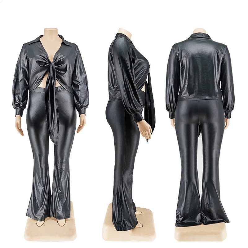 Plus Size Women Clothing Sexy Outfits PU Leather Long Sleeve Top and Pants Sets Bodycon Two Piece Set Wholesale Drop 240823