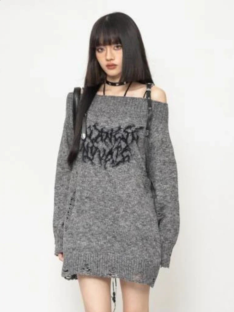 Grunge Y2k Sweater Knitwear Women Japanese Style Gothic Off Shoulder Long Sleeve Ripped Jumper Harajuku Goth Streetwear 240809