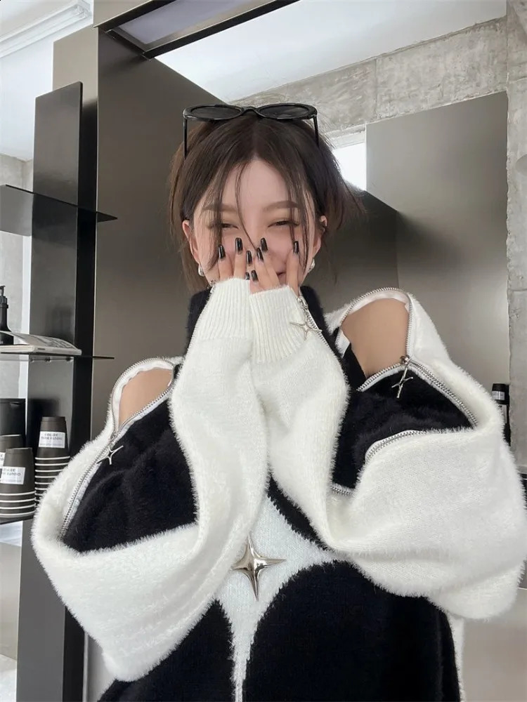 Y2k Fashion Strapless Sweater Womens Gothic Street Clothing Black Patch Work Star Jumper Harajuku Knitwear 240809