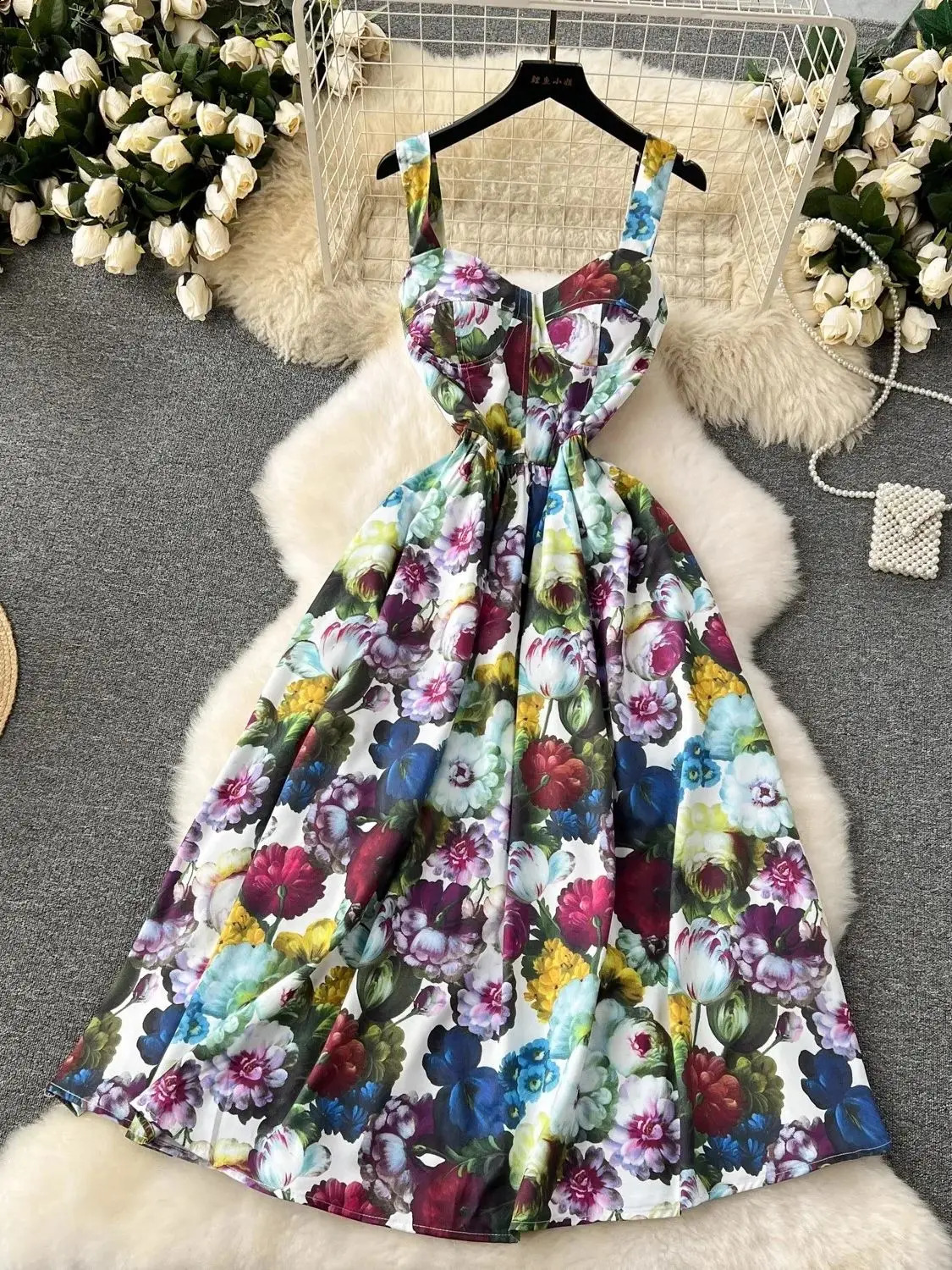 Summer Holiday Print Party Flower Dress Womens Cotton Padded Spaghetti Strap Zipper Elastic Backless Midi Boho Robe Vestidos 240810