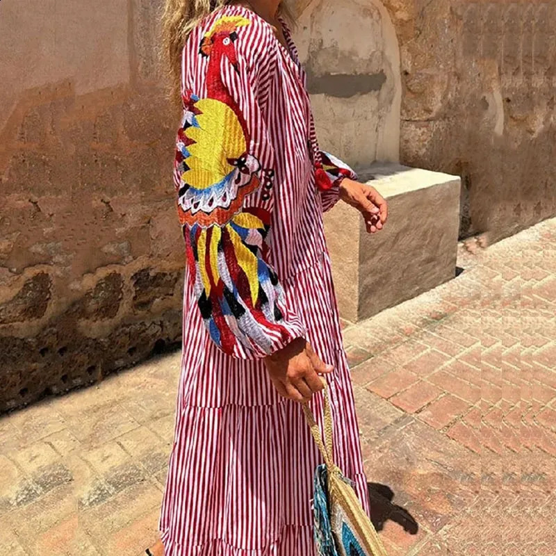Elegant V Neck Lantern Sleeved Party Dress Casual Lace-up Tassel Boho Dresses Vintage Pattern Printed Women Dress 240810