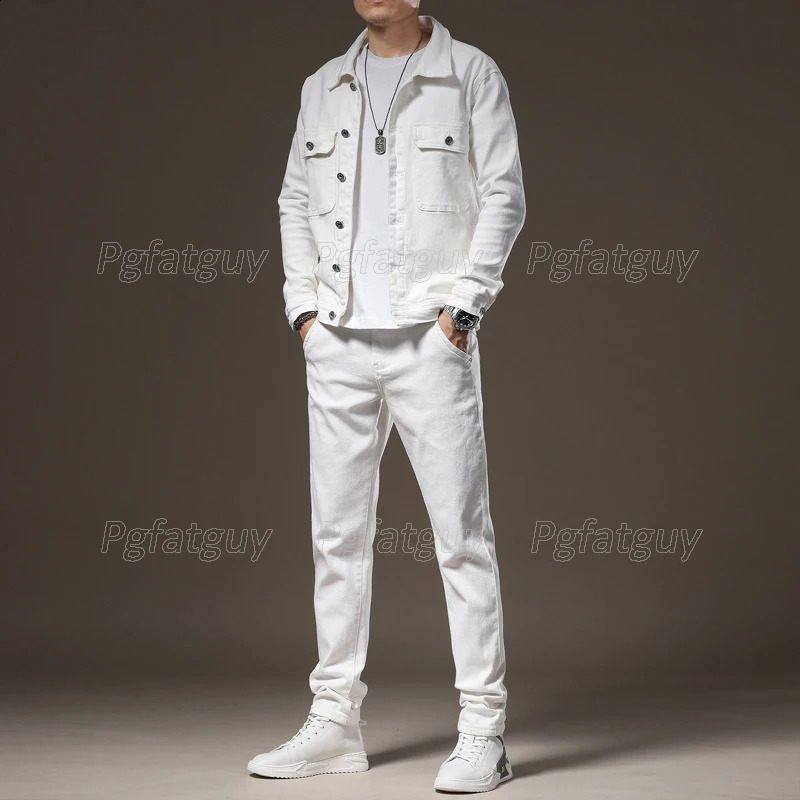Business and leisure 2piece mens pants set for spring simple white long sleeved denim jacket jeans fashionable ultrathin couple 240809
