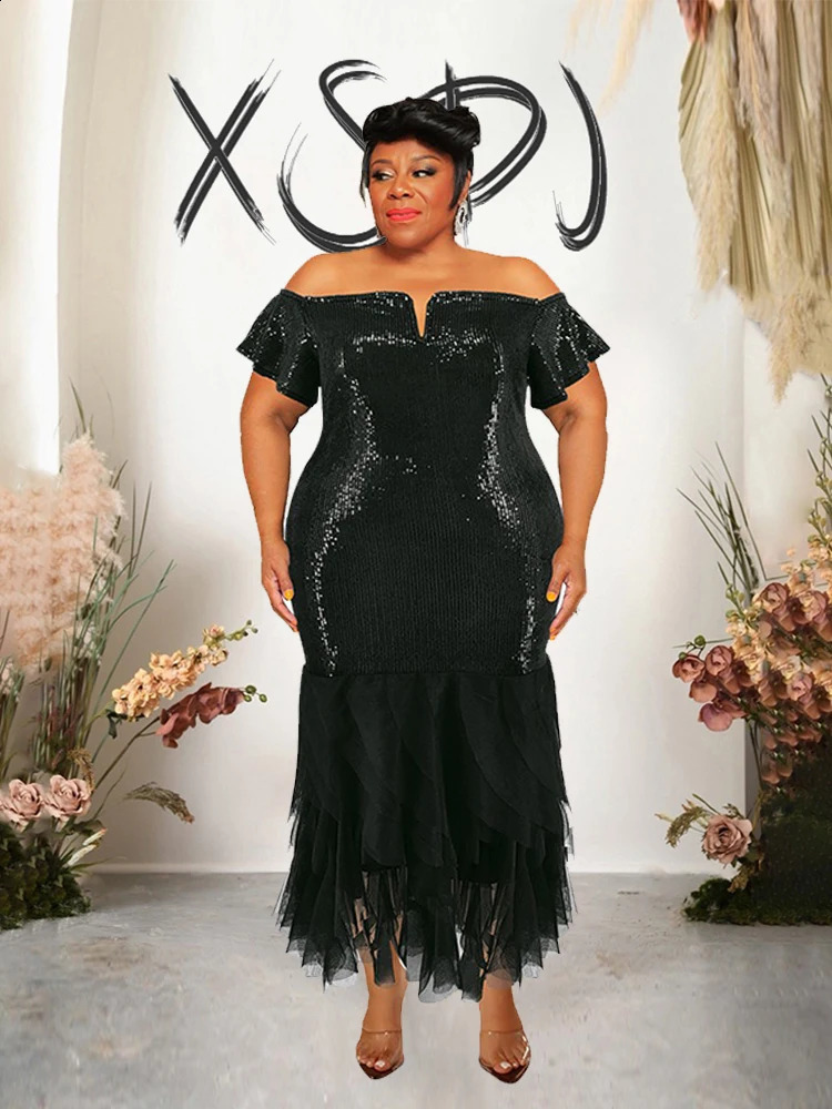 Elegant Dresses for Curvy Women for Evening Party Mesh Hem Black Sequin Dress Off The Shoulder Sexy Vintage Dress Plus Size 240810