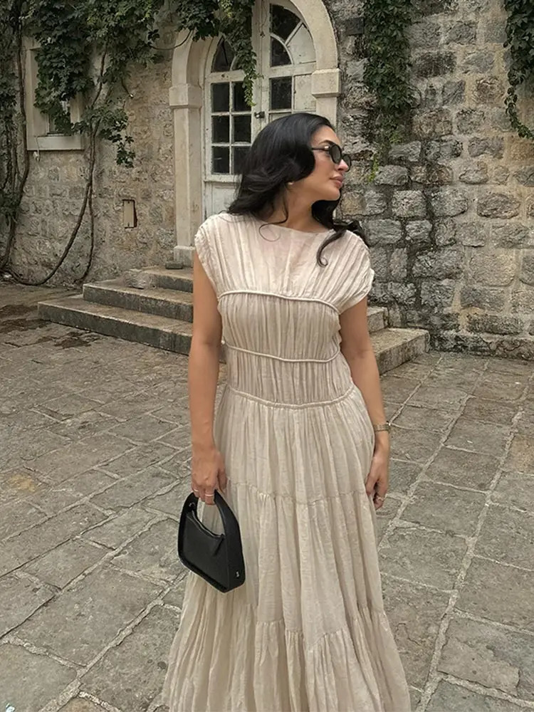 Elegant Solid Round Neck Patchwork Pleated Maxi Dress Chic High Waisted Short Sleeve A-line Hem Robes Summer Lady Casual Dresses 240822
