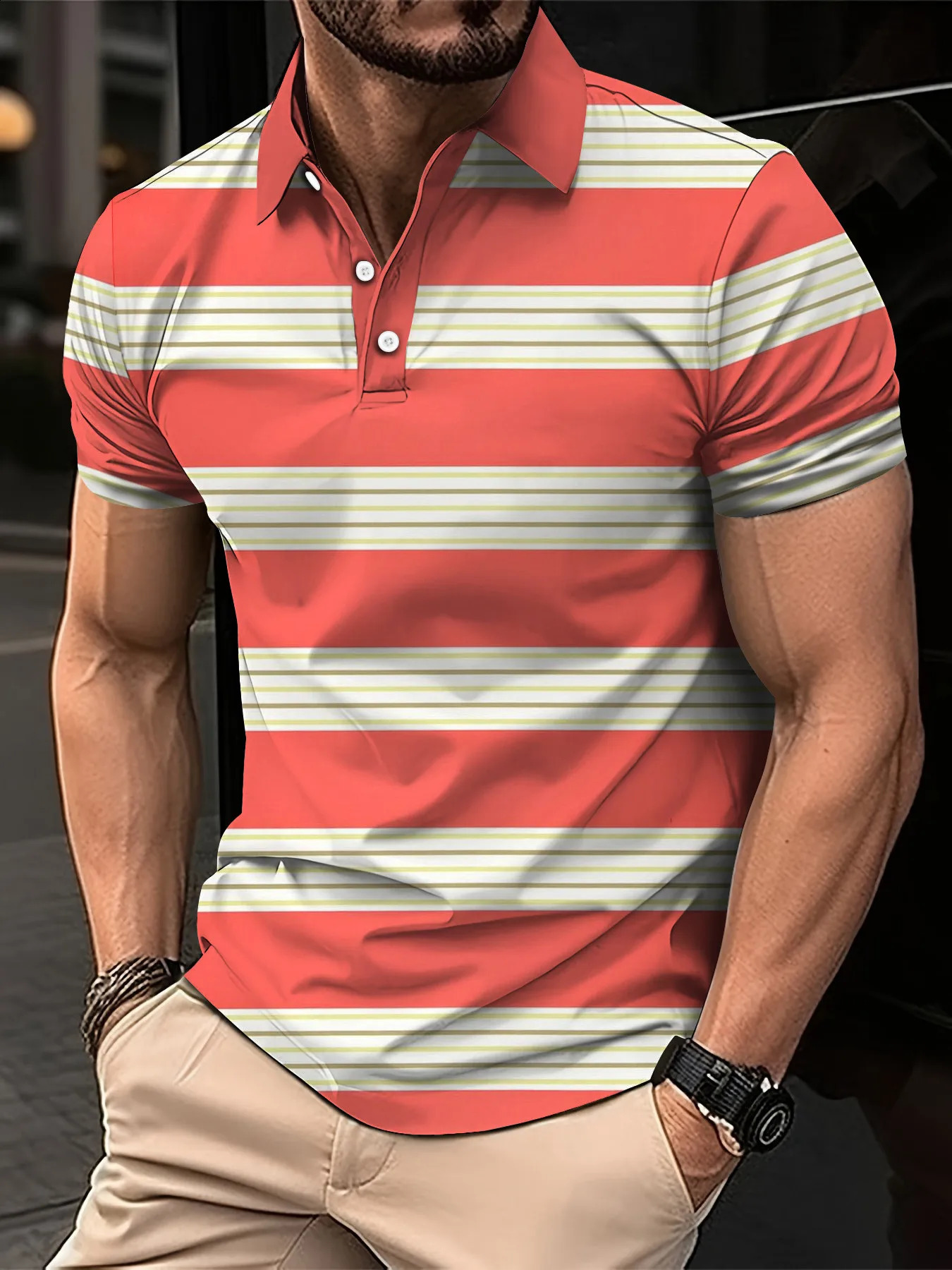 2024 Mens Summer Short Clothes Sleeved Lapel 3D Digital Printed Striped Polo Shirt Mens Business Casual Top Clothes 240810