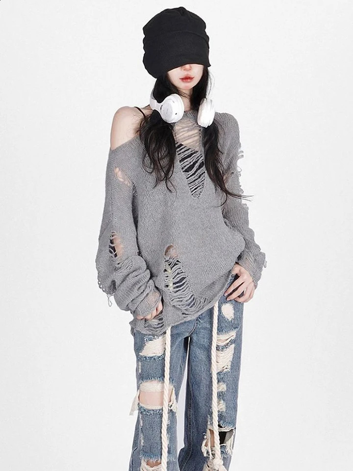 Zoki Hip Hop Hole Sweater Women Streetwear Hollow Out Y2K Jumpers American Retro Long Sleeve Lazy Wind Loose Harajuku Lady Tops 240812
