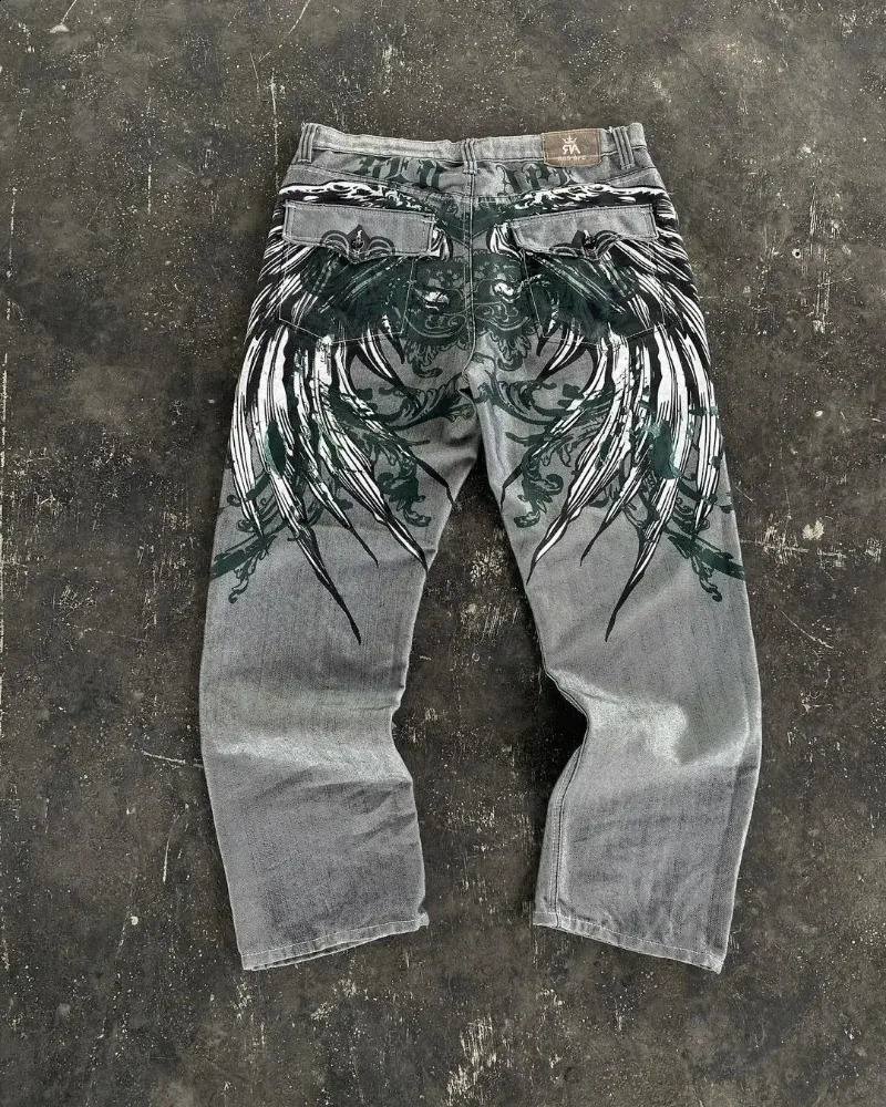 SIRI American Street Mopping Pants Y2K Loose Jeans Harajuku Hip-hop Retro Oversized Print Jeans Mens Gothic Wide-leg Pants 240810