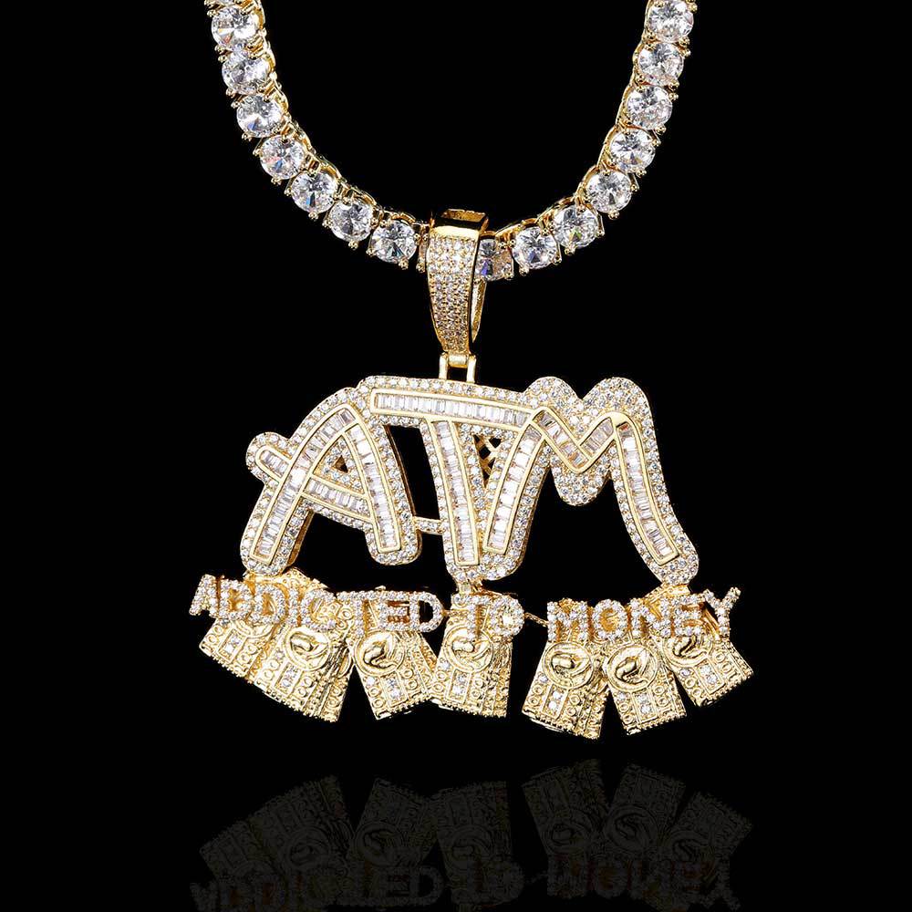 Charm ATM Dollar Letters Pendants Necklace 18K Gold Plated Men T Zircon Rap Jewelry