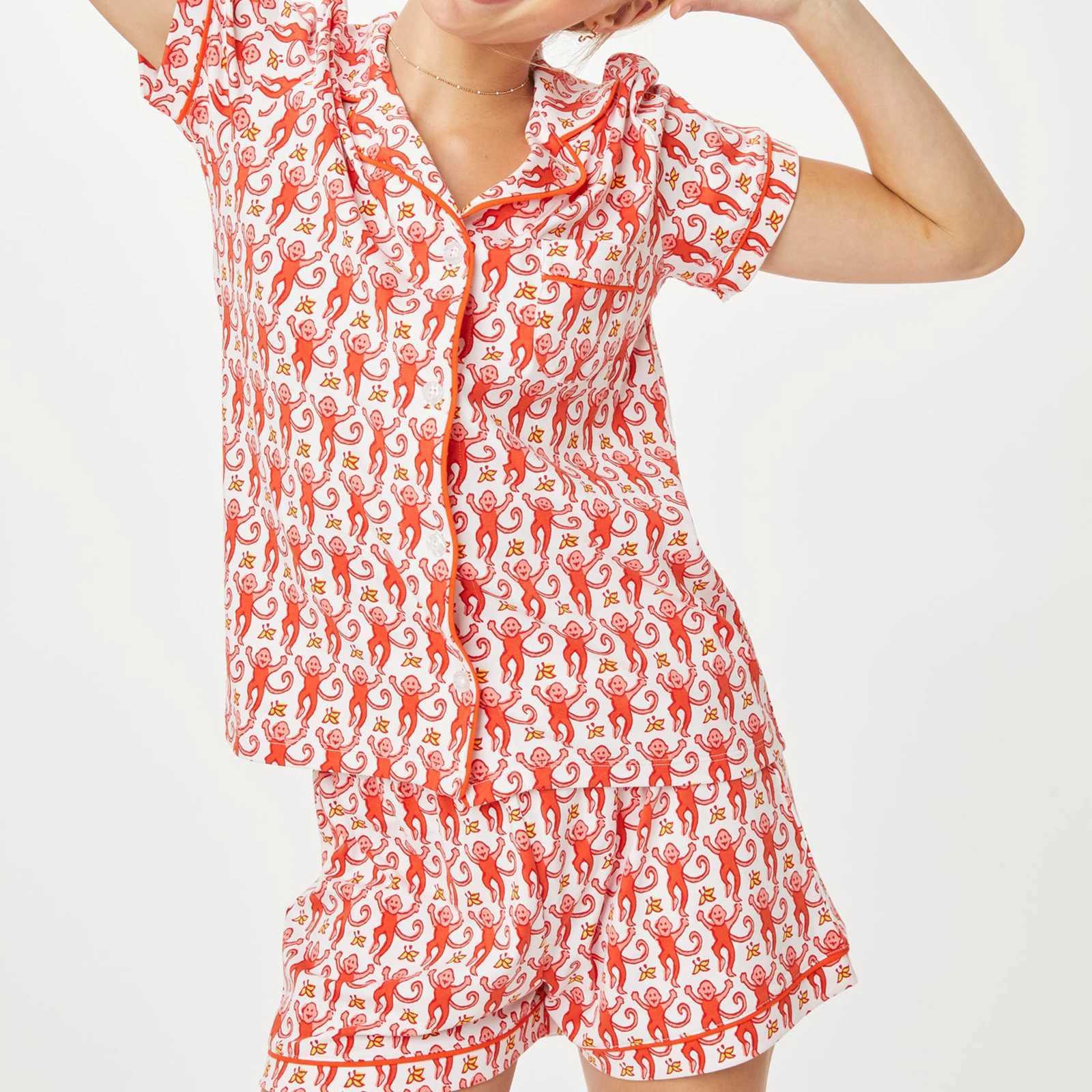 Womens Sleepwear Womens Cute Roller Rabbit Pajama Monkey Print Slep Womens Pajama Shorts Set 2-piece Short Sleve Pre made Matching Pj Set T240809