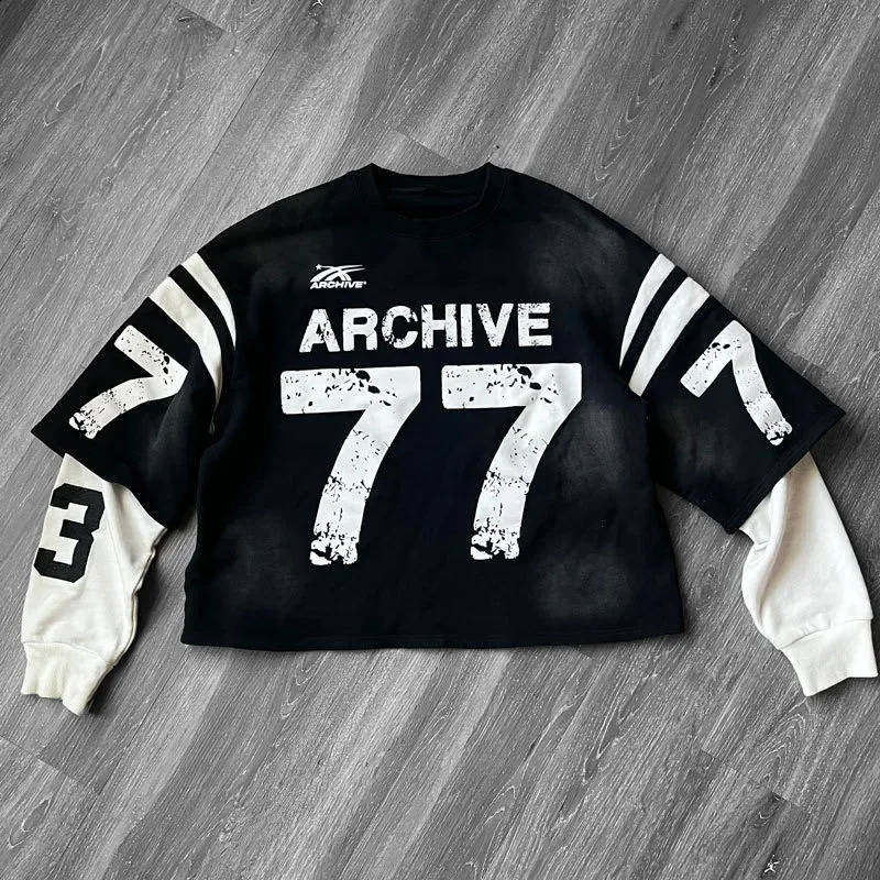 Summer loose letter printing oversized T-shirt retro Harajuku Y2K stitching long sleeve high street fashion clothing tops 240810