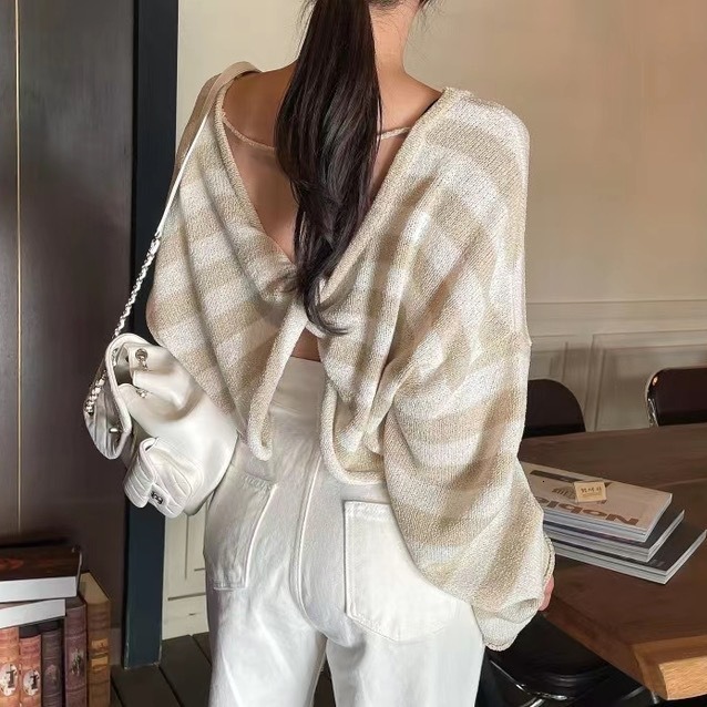 Korean Chic Autumn/Winter French Lazy Style Back Twisted Design Loose and Versatile Thin Long Sleeve Knitted Top for Women dongdumaoyi