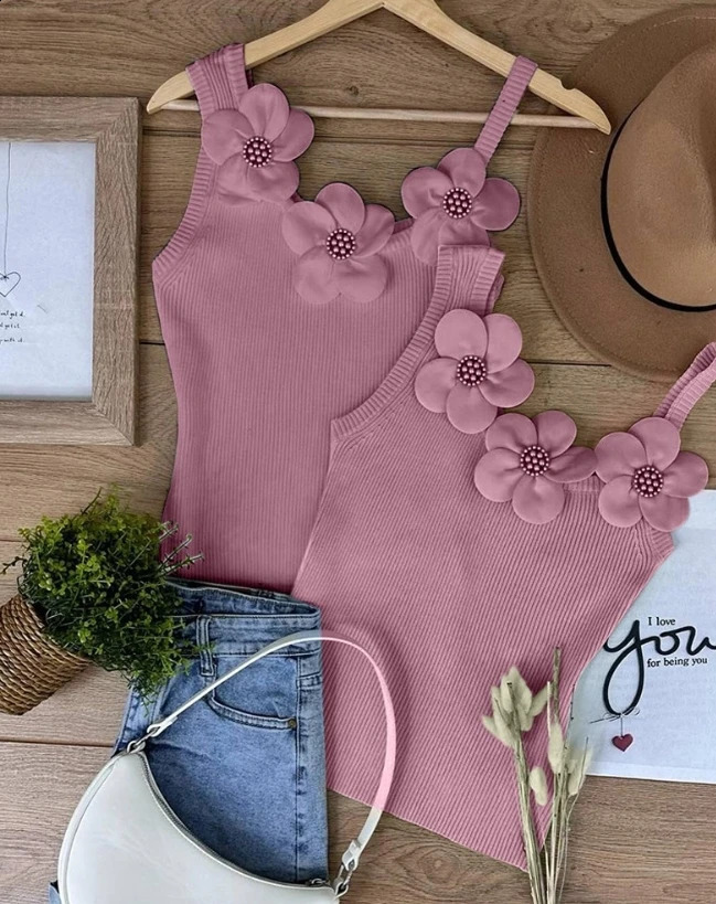 Womens 2024 Summer Fashion Flower Pattern Bead Decoration Casual UNeck Plain Sleeveless Tight Set Daily Knitted Tank Top 240809