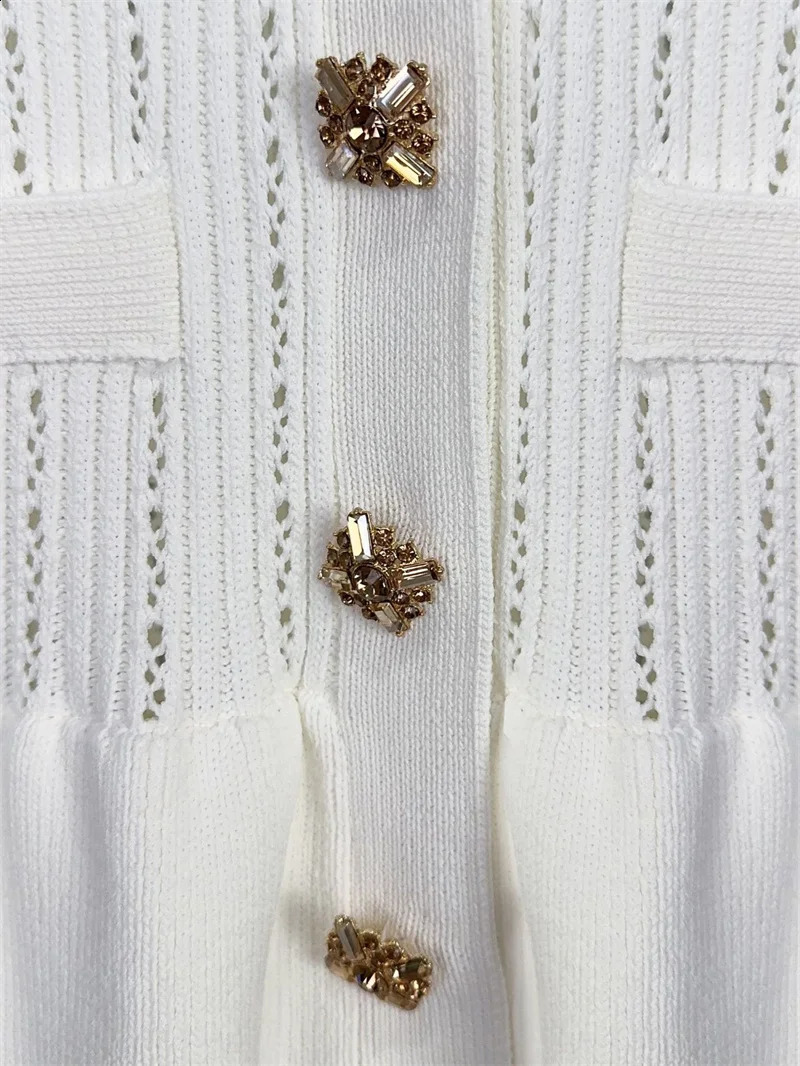 Early Autumn Women White Splicing Ruffle Mini Dress V-Neck Single-Breasted Lady Long Sleeve Slim Elegant Knit Robe 240810