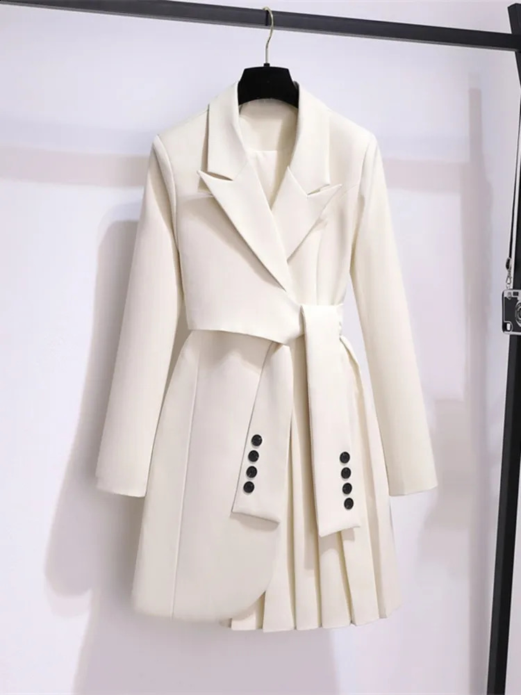 Autumn Office Sashes Bandage Waist Tie Blazer Dress Women Long Sleeve Notched Collar Pleated Irregular Mini Vestidos 240810
