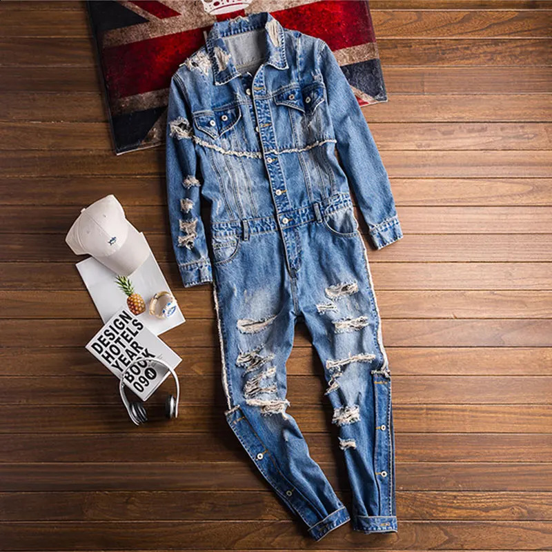 Street mens denim jumpsuit hip-hop streetwear ripped jeans full set of slotted cargo pants fashionable cargo ship240809