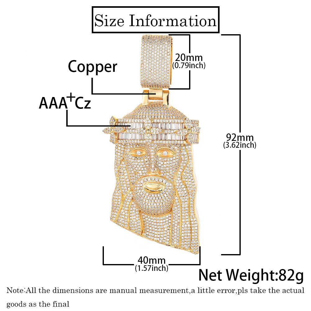 Hip Hop Jesus Face Pendant Necklace T Square Zircon 18k Real Gold Plated Mens Jewelry