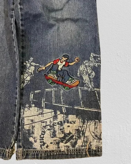 Y2K Denim Pants Men Women Harajuku Hip Hop Skateboard Boy Graphic Embroidery Print Baggy Jeans Goth Retro High Waisted Trousers 240820