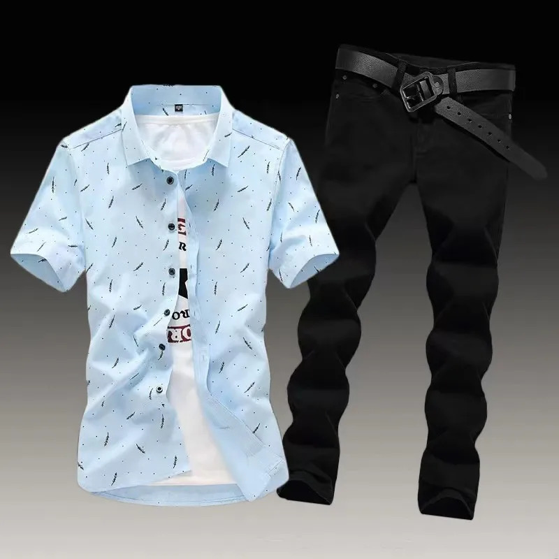 Mens full set of teenage trend casual suit mens slim fit short sleeved shirt mens jeans matching set240809