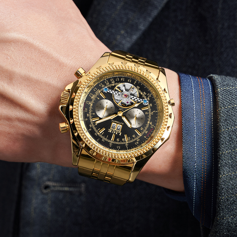 LIGE Youth fashion Mechanical Watch Men's waterproof watch Holiday Gift Luxury brand watch Multi-functional mechanical watch Calendar week
