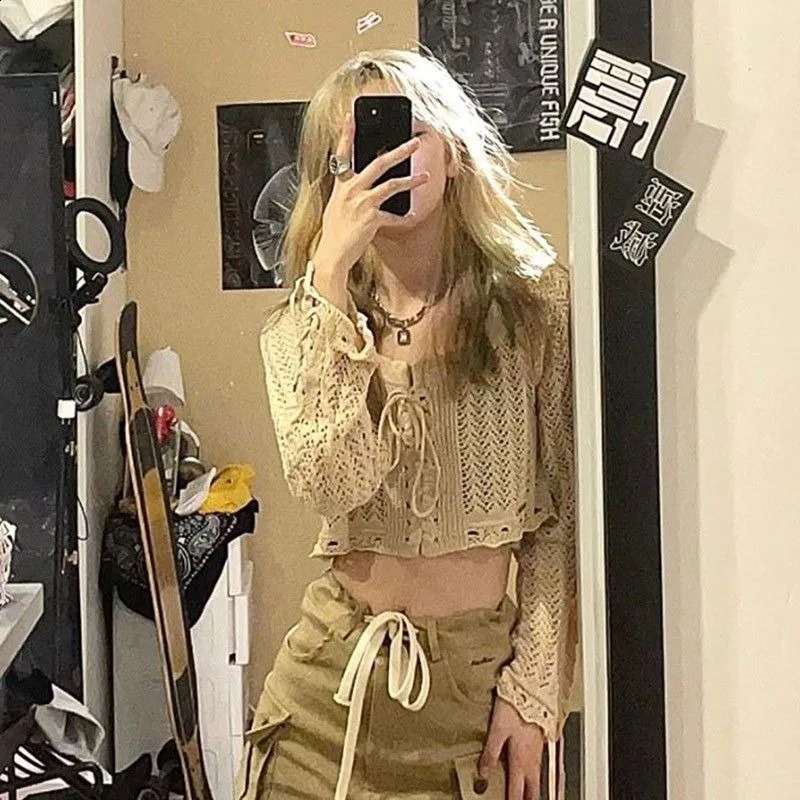 Deeptown Crop Lace Up Women Knit Cardigan Y2K Long Sleeve Hollow Out Kintwear Gyaru Slim Vintage Korean Style Sweater Harajuku 240812