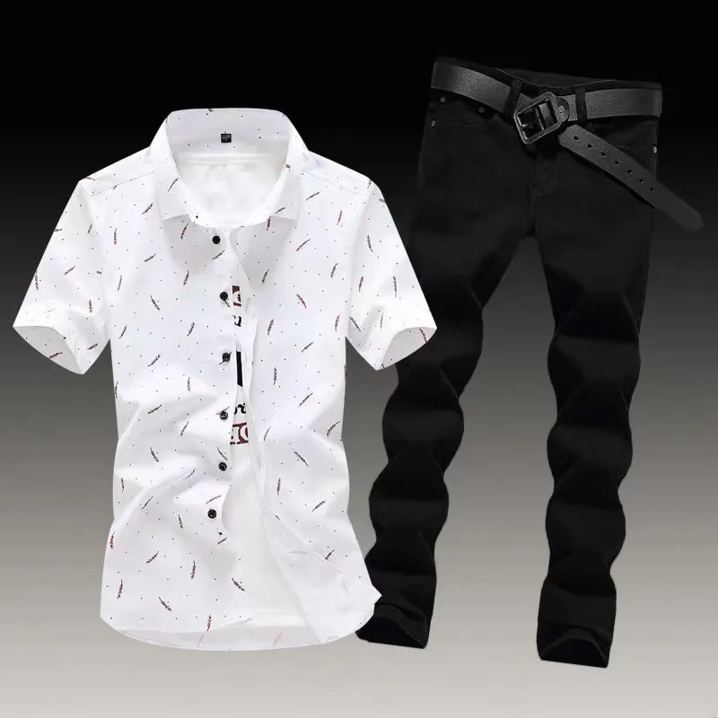 Mens full set of teenage trend casual suit mens slim fit short sleeved shirt mens jeans matching set240809