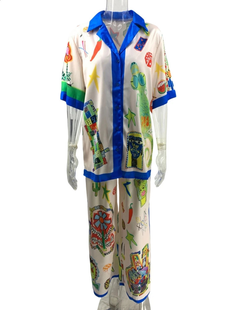 Satin Loose Patchwork Vintage Women Sets Elegant Short Sleeve Shirt Long Pants Two Piece Sets Summer Beach Women Outfits 240809