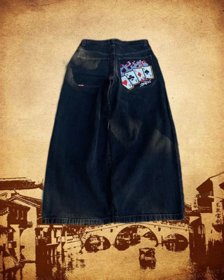 2024 American Jnco poker card pattern jeans for men and women casual loose hip-hop original streetwear Y2k Jnco jeans Traf240809