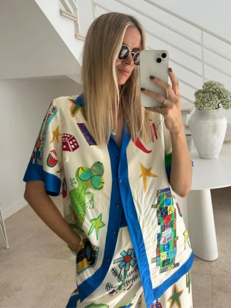 Satin Loose Patchwork Vintage Women Sets Elegant Short Sleeve Shirt Long Pants Two Piece Sets Summer Beach Women Outfits 240809