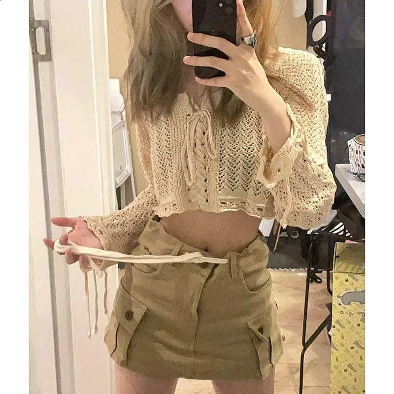 Deeptown Crop Lace Up Women Knit Cardigan Y2K Long Sleeve Hollow Out Kintwear Gyaru Slim Vintage Korean Style Sweater Harajuku 240812