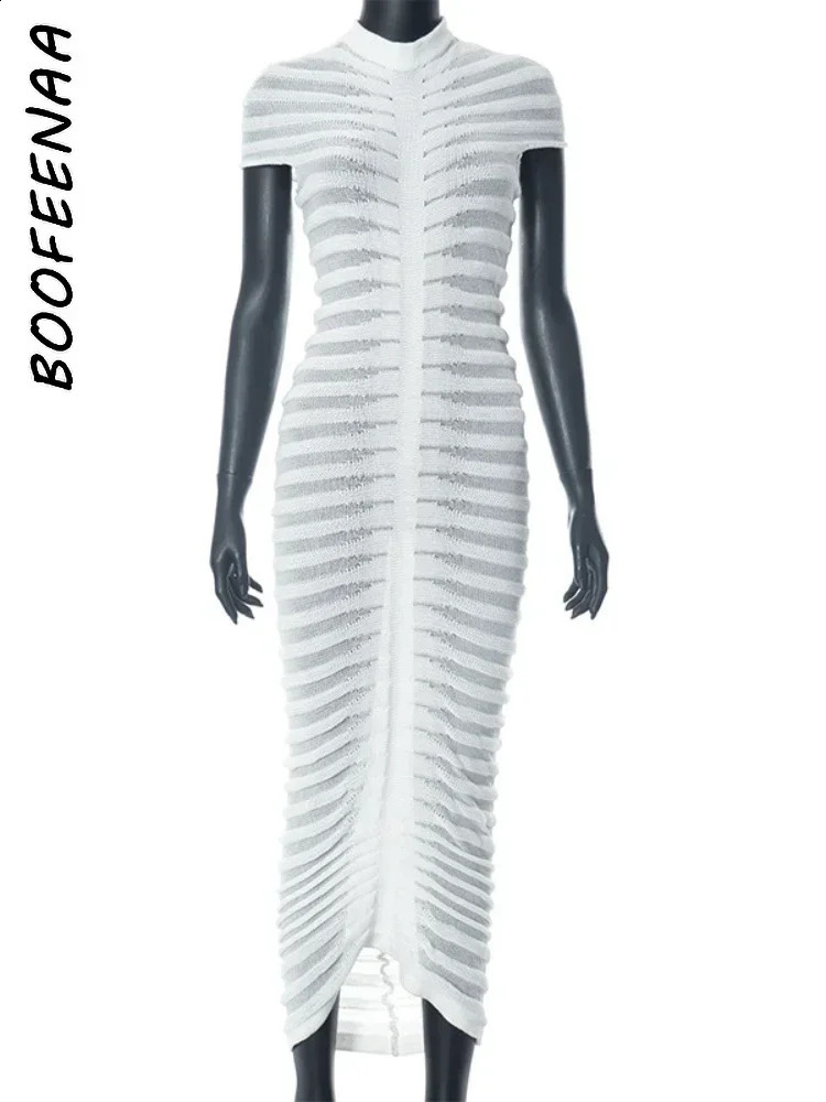 BOOFEENAA Knitted White Sweater Dress Womens Elegant Autumn Winter Short Sleeve Bodycon Long Dresses Celebrity C83-EZ36 240809