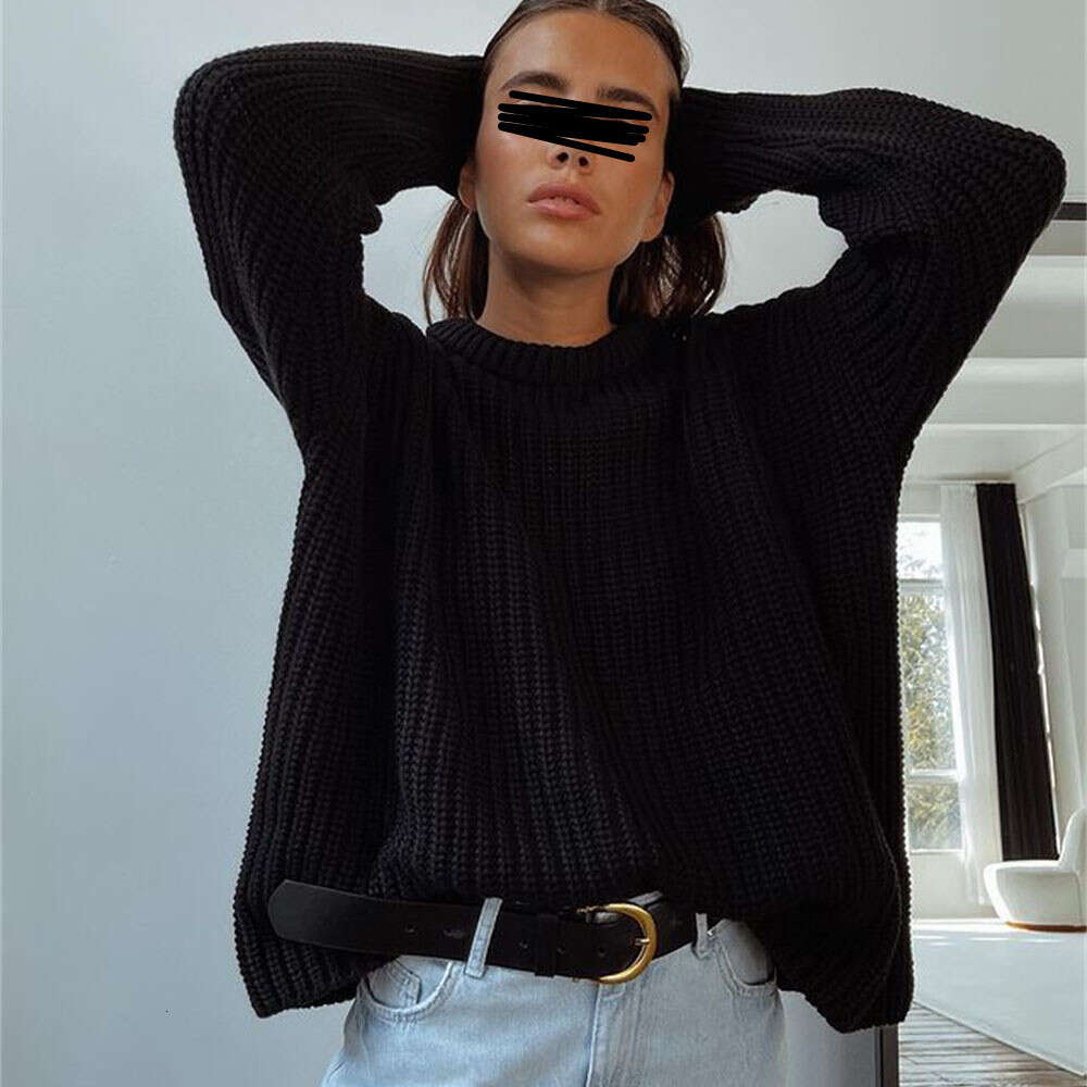 Solid color round neck thick women, 2023 autumn and winter new product, loose long sleeved lazy style pullover knitted sweater for women dongdumaoyi