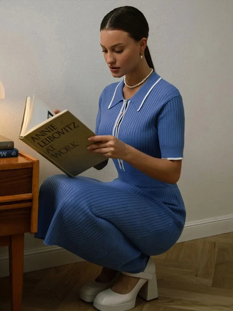 DAENERYS RES Elegant Casual Short Sleeve Bodycon Knitted Women Dress Polo Neck Button Midi Lady Contrast Slim Vestido 2024 240809